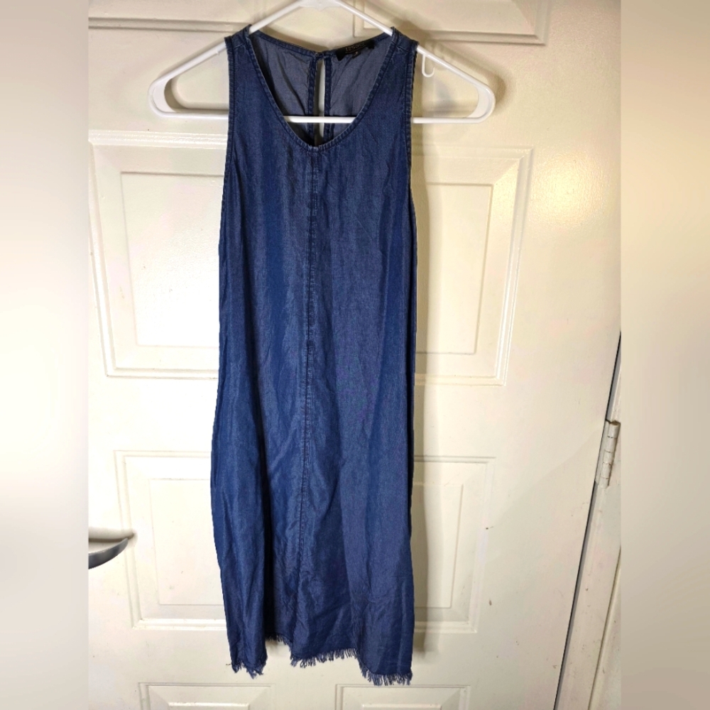 1250C Sleeveless‎ Denim Dress Lightweight Size Small Fringe Hem